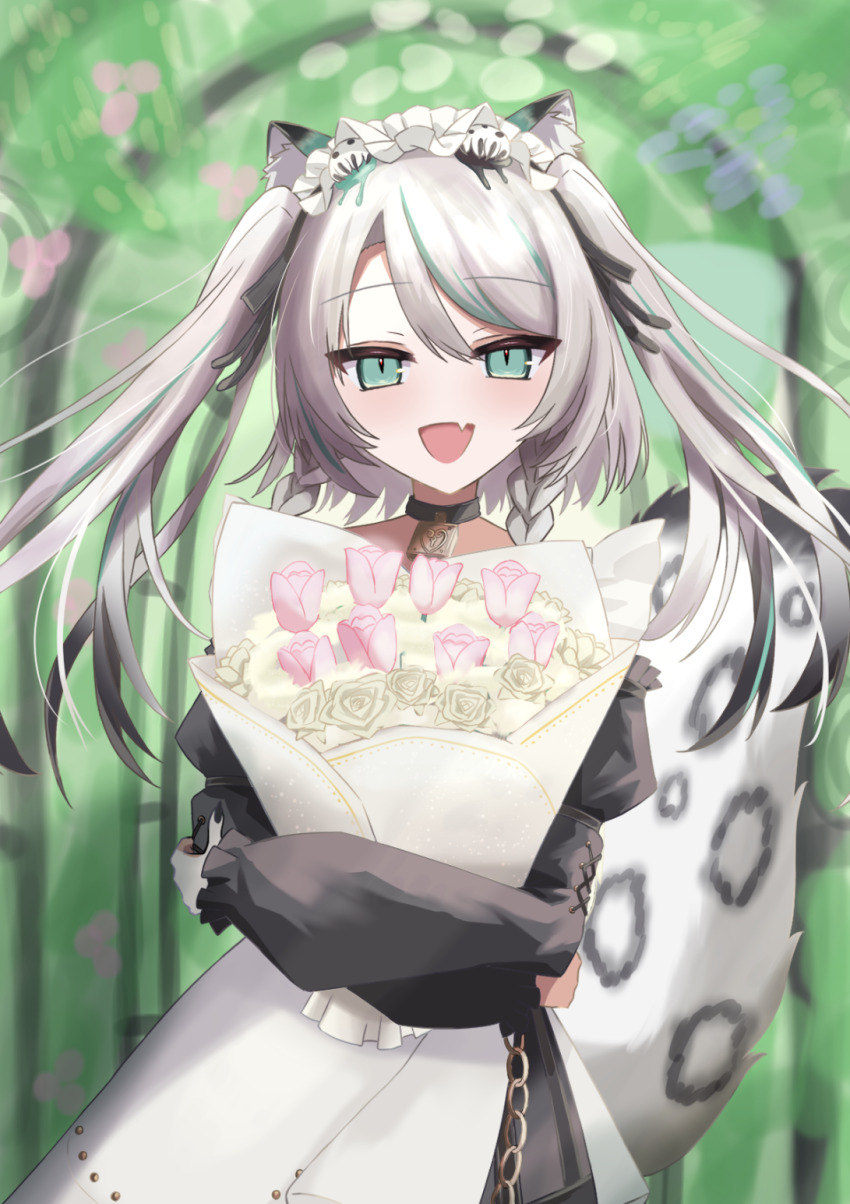 1girl, animal_ears, aqua_eyes, aqua_hair, aqua_streaks, black_dress, black_nails, bouquet