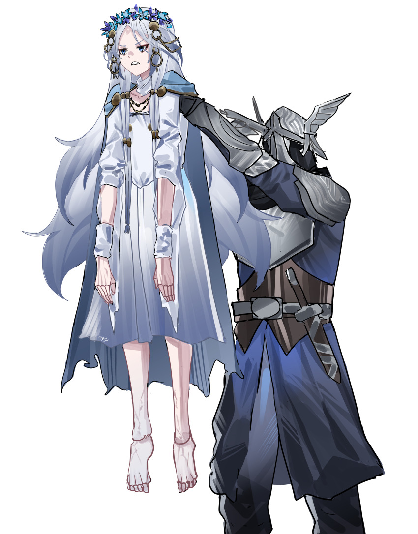1boy, 1girl, absurdres, armor, blue_cape, blue_eyes, blue_tunic, breastplate, cape, clenched_teeth, doll_joints, dress, elden_ring, elden_ring_nightreign, flower_wreath, head_wreath, helmet, highres, joints, lifting_person, long_hair, pauldrons, revenant_(elden_ring), shoulder_armor, simple_background, standing, teeth, tunic, vambraces, white_background, white_dress, white_hair, winged_helmet, wylder_(elden_ring), yazu_(zoddiacz)