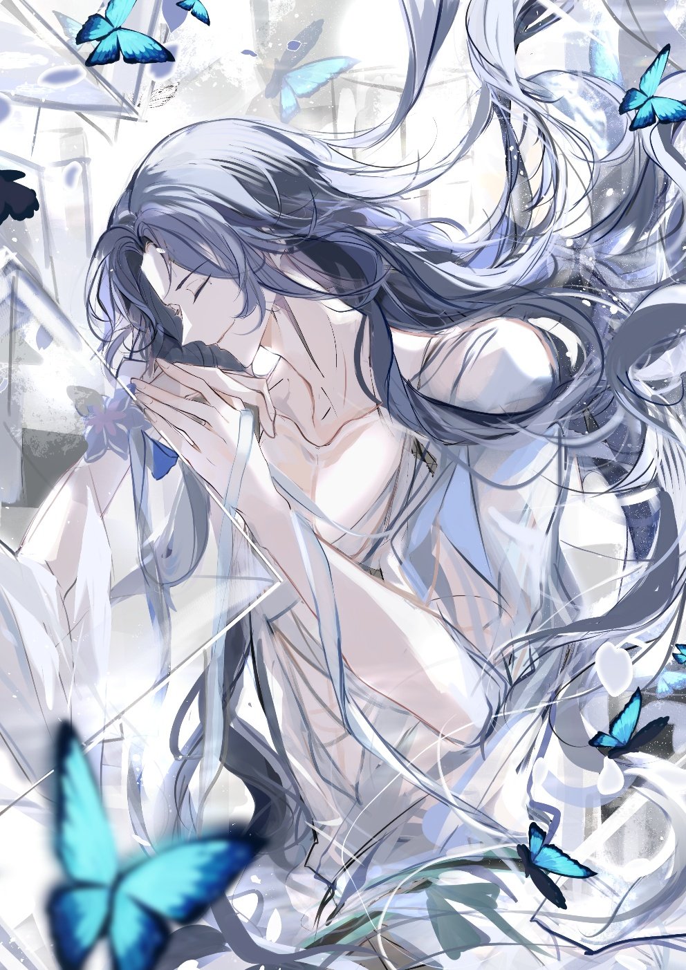 1boy, blue_butterfly, blue_hair, blurry, bug, butterfly, clarence_clayden, clarence_clayden_(infinite_empire)