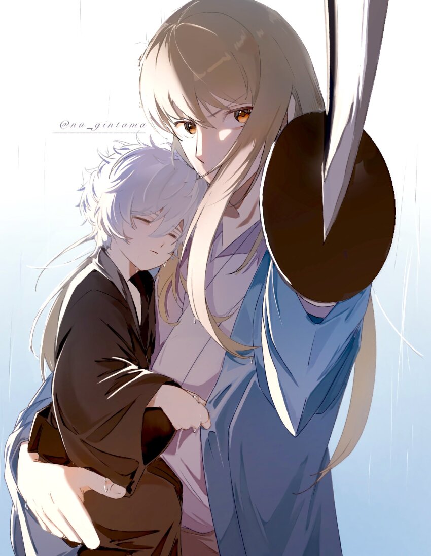 2boys, aged_down, aiming, aiming_at_viewer, black_kimono, blonde_hair, blue_haori, carrying