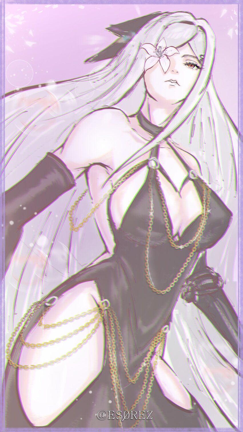 1girl, absurdres, black_dress, border, breasts, clothing_cutout, commentary, drag-on_dragoon