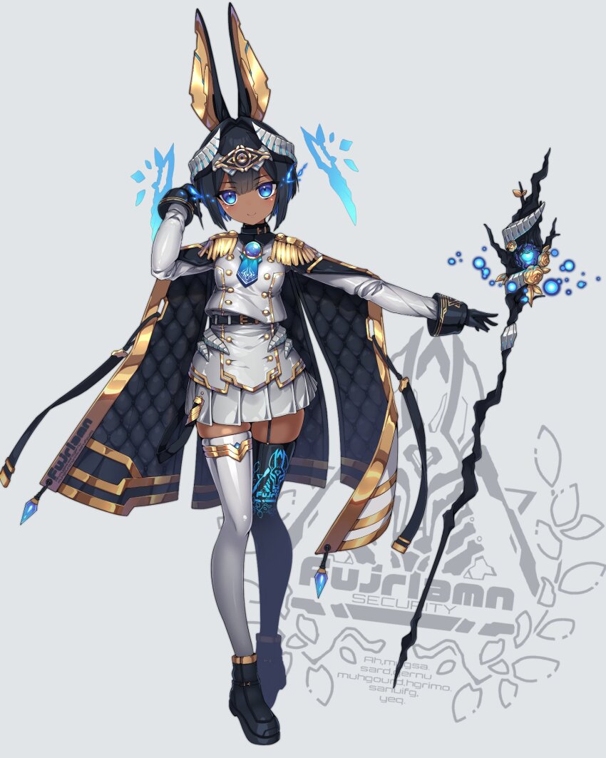 1girl, animal_ears, arm_up, asymmetrical_legwear, belt, black_boots, black_gloves, black_hair