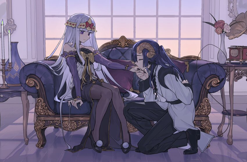 1boy, 1girl, arm_behind_back, aurora_sya_lis_kaymin, bare_shoulders, black_nails, black_pants, black_shoes