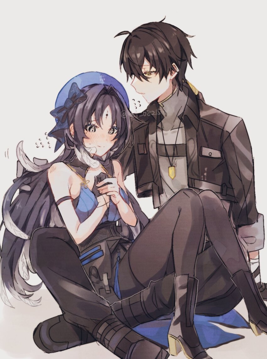 1boy, 1girl, black_eyes, black_hair, black_jacket, black_pantyhose, blush, grey_background