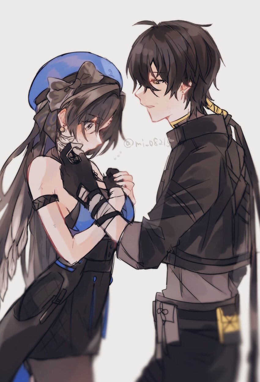 1boy, 1girl, black_bow, black_gloves, black_hair, blue_hat, bow, gloves, hair_bow, hat, highres, male_rover_(wuthering_waves), mi_08215, rover_(wuthering_waves), tacet_mark_(wuthering_waves), twitter_username, wuthering_waves, yangyang_(wuthering_waves), yellow_eyes