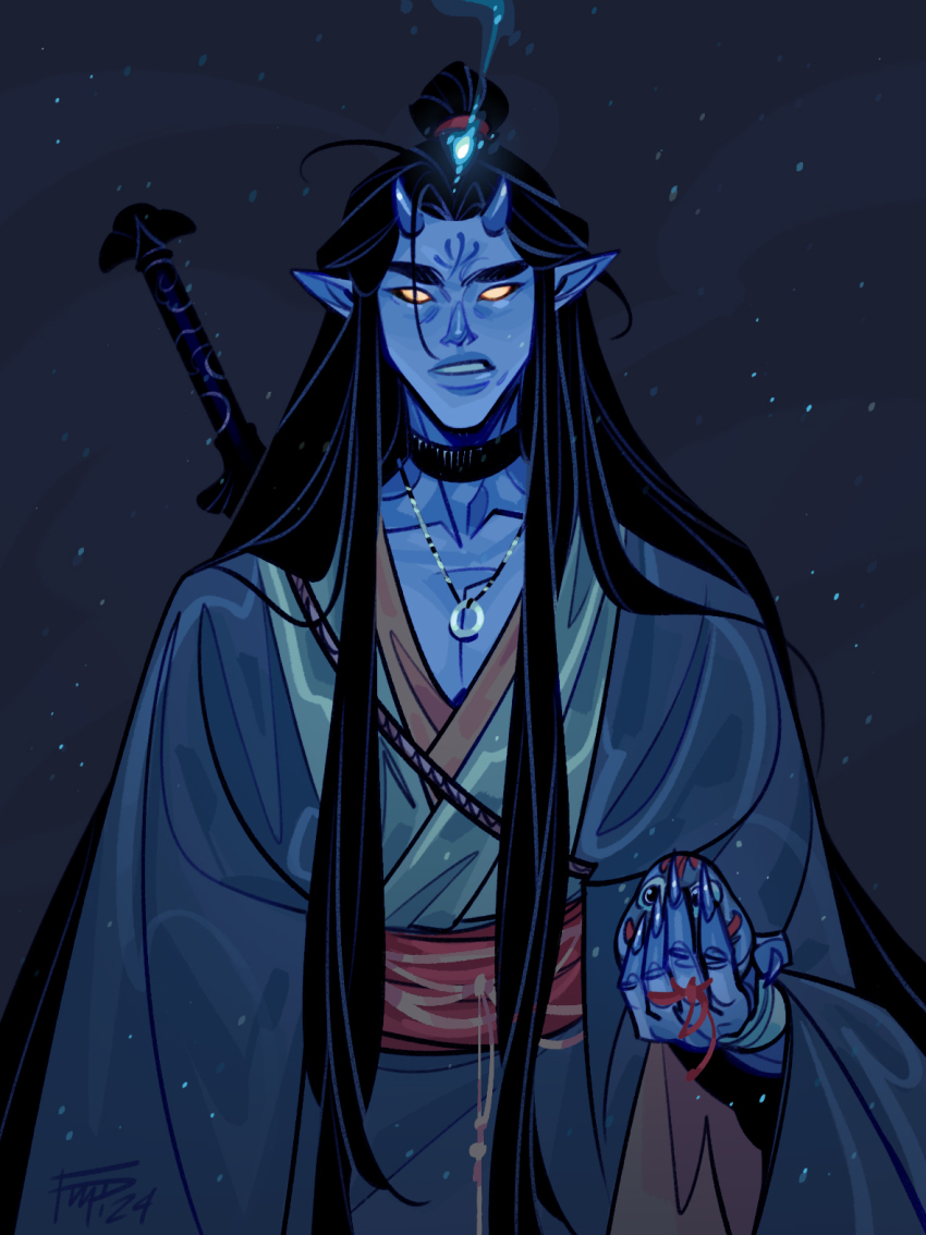 1boy, ahoge, belt, black_hair, blank_eyes, blue_background, blue_horns, blue_light