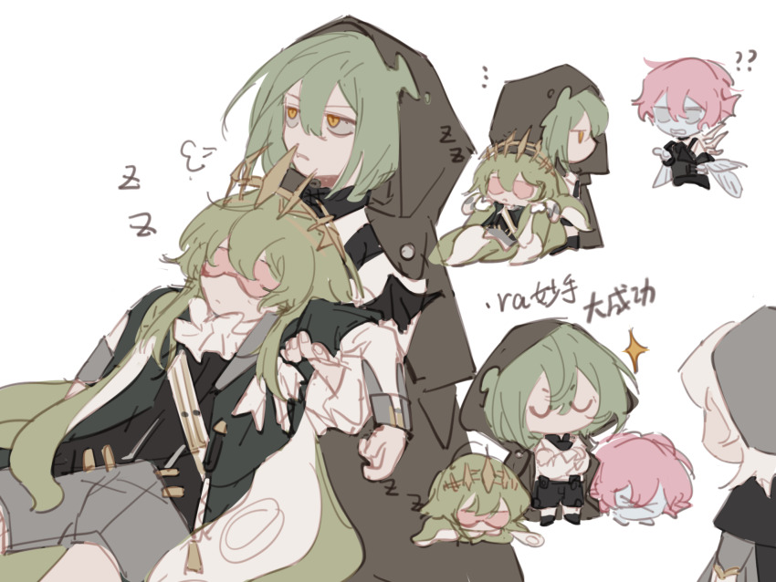 >_<, ..., 1043933814, 1girl, 3boys, ?, ??, ascot