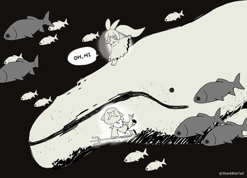 2girls, 6+others, animal_costume, animal_hood, black_background, catchphrase, cloak, eye_contact