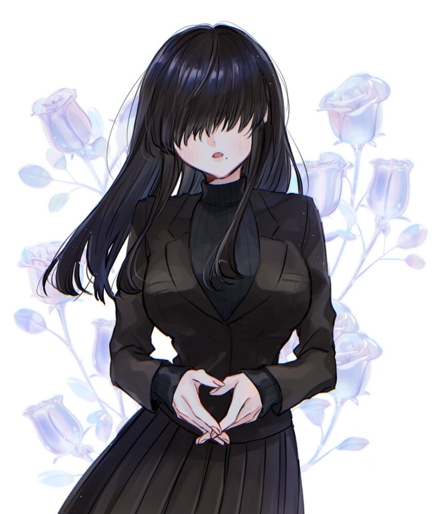 1girl, black_hair, black_jacket, black_skirt, black_sweater, blazer, blush, breasts, commentary, covered_eyes, facing_viewer, floating_hair, floral_background, flower, hair_over_eyes, highres, interlocked_fingers, jacket, kakure_meme, kimi_no_koto_ga_dai_dai_dai_dai_daisuki_na_100-nin_no_kanojo, large_breasts, long_bangs, long_hair, long_sleeves, mole, mole_under_mouth, ohananomitsu_high_school_uniform, open_mouth, own_hands_together, pleated_skirt, qu_qu71, rose, school_uniform, skirt, solo, sweater, untranslatable_commentary, turtleneck, turtleneck_sweater