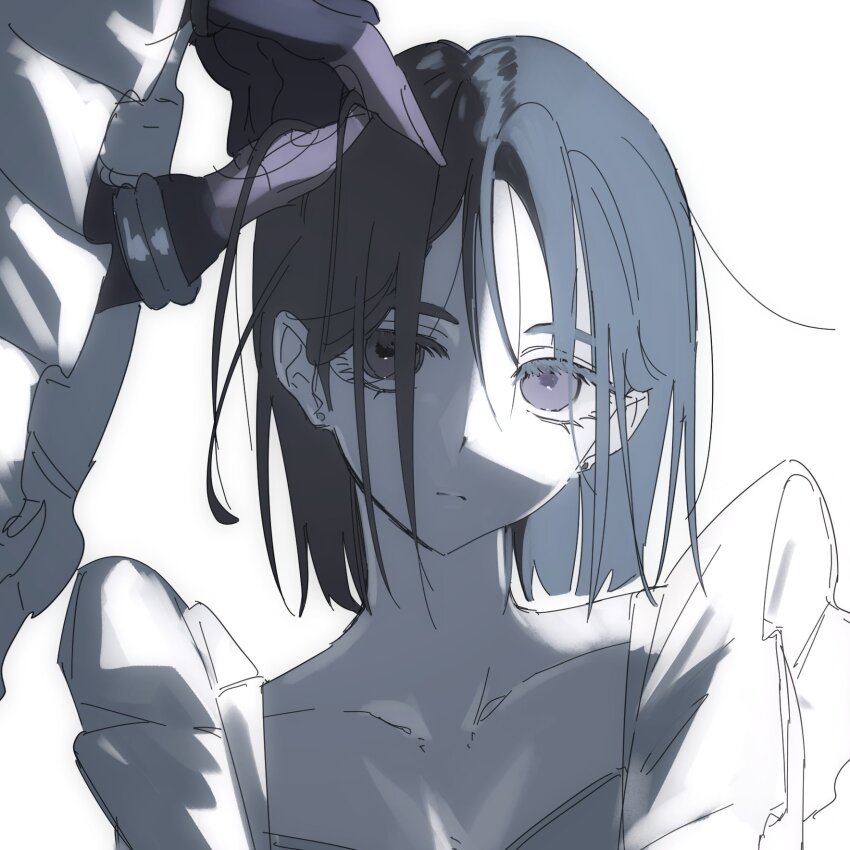 1girl, 1other, alien, alien_stage, black_hair, closed_mouth, dress, fingernails