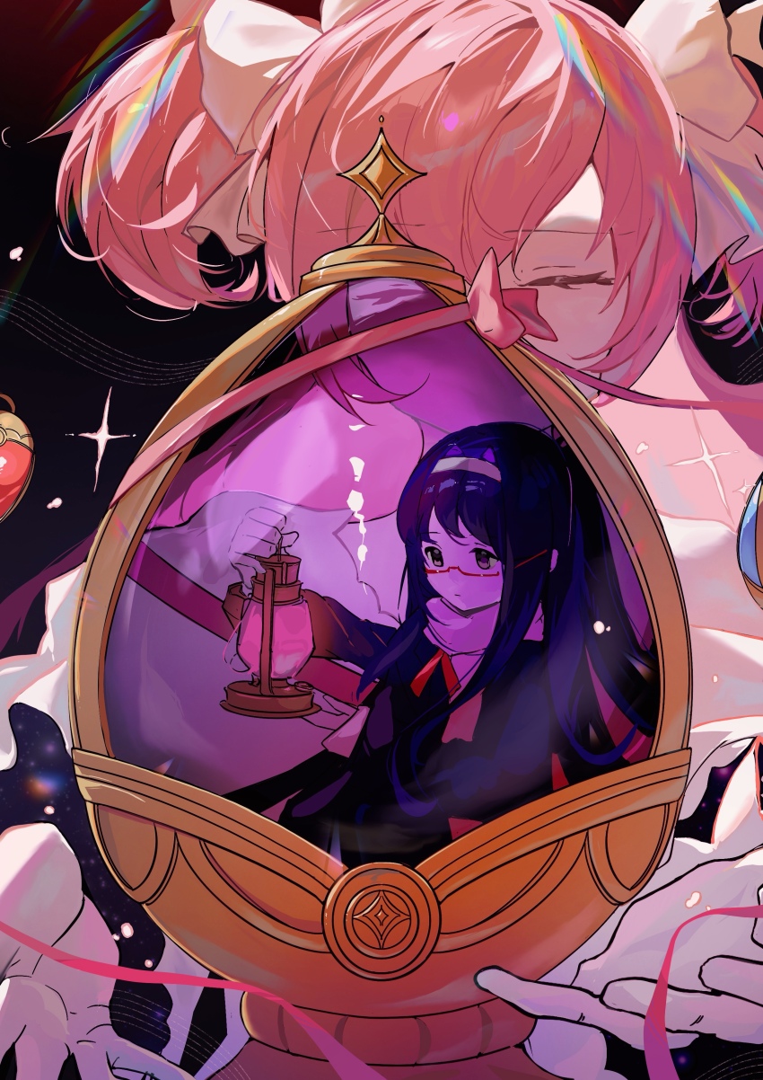 2girls, absurdres, air_bubble, akemi_homura, alternate_costume, black_background, black_coat, black_hair