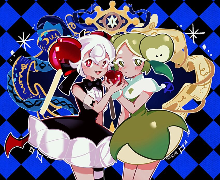 1girl, apple_faerie_cookie, black_bow, black_dress, bow, bowtie, candy_apple, candy_apple_cookie, candy_apple_hair_ornament, cookie_run, cookie_run:_kingdom, disguise, dress, dual_persona, food, gold_citrine_cookie, humanization, looking_at_viewer, michelin_(p0lo09), puffy_sleeves, red_eyes, short_hair, smile, white_hair