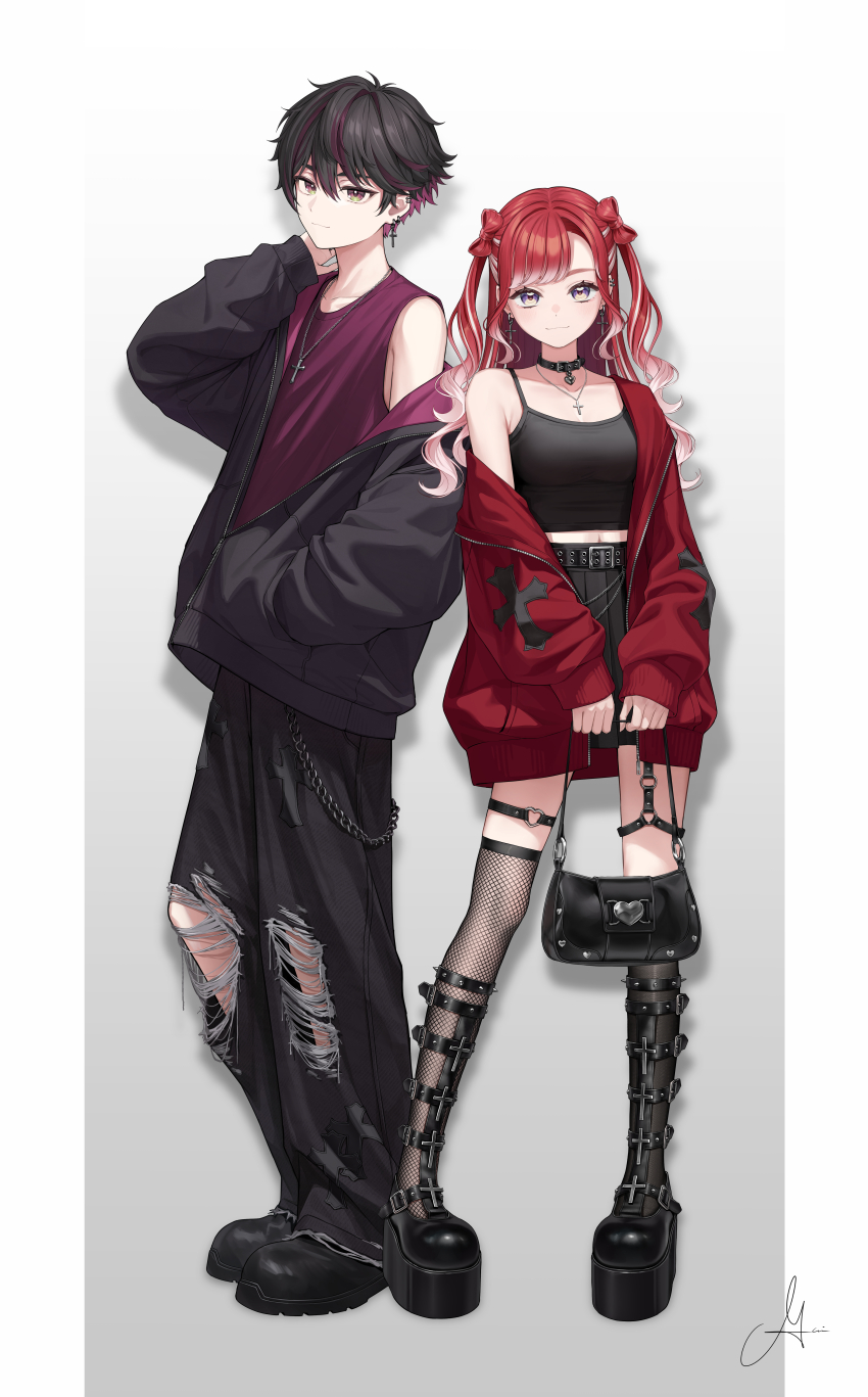 1boy, 1girl, absurdres, belt, black_bag, black_belt, black_collar, black_hair, black_shoes, black_skirt, bokuhakiyoshi, boots, brown_hair, brown_jacket, closed_mouth, collar, cross, cross_earrings, cross_necklace, ear_piercing, earrings, fishnet_thighhighs, fishnets, full_body, heart, heart_o-ring, highres, jacket, jewelry, long_hair, looking_at_viewer, multicolored_hair, necklace, nijisanji, o-ring, off_shoulder, pants, piercing, pillarboxed, purple_eyes, purple_hair, red_hair, red_jacket, sakayori_soma, saotome_berry, shoes, short_hair, signature, skirt, spaghetti_strap, standing, tank_top, thigh_strap, thighhighs, torn_clothes, torn_pants, two-tone_hair, very_short_hair, virtual_youtuber, white_hair, yellow_eyes