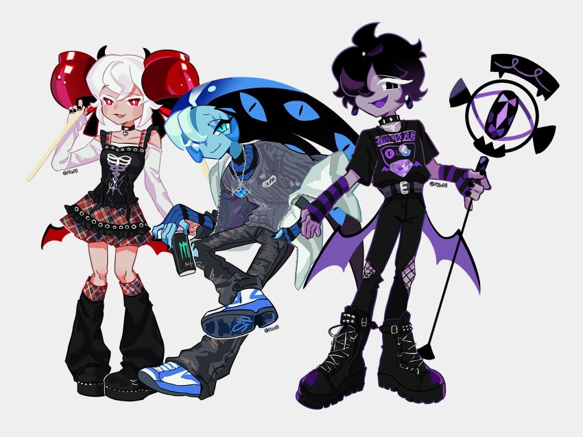 1girl, alternate_costume, aquamarine_cookie, black_bow, black_sapphire_cookie, bow, brooch, candy_apple, candy_apple_cookie, candy_apple_hair_ornament, cookie_run, cookie_run:_kingdom, dress, eye_brooch, food, highres, humanization, jewelry, looking_at_viewer, michelin_(p0lo09), neck_ruff, puffy_sleeves, red_eyes, shadow_milk_cookie, short_hair, smile, white_hair