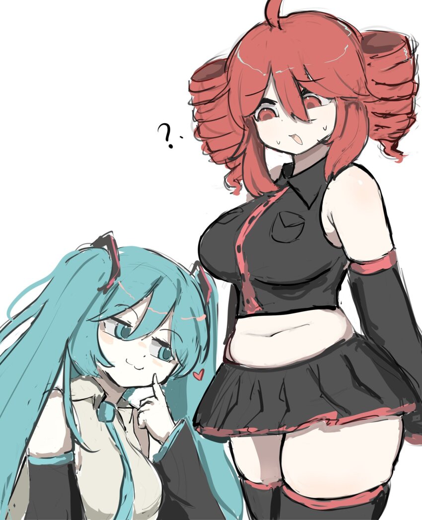 2girls, aqua_hair, black_sleeves, breasts, drill_hair, fatass_teto_(meme), grey_shirt, hatsune_miku, highres, implied_yuri, kasane_teto, large_breasts, long_hair, m3link, meme, midriff, multiple_girls, navel, necktie, plump, red_eyes, red_hair, shirt, skirt, sleeveless, staring, thick_thighs, thighhighs, thighs, twin_drills, twintails, very_long_hair, vocaloid, wide_hips