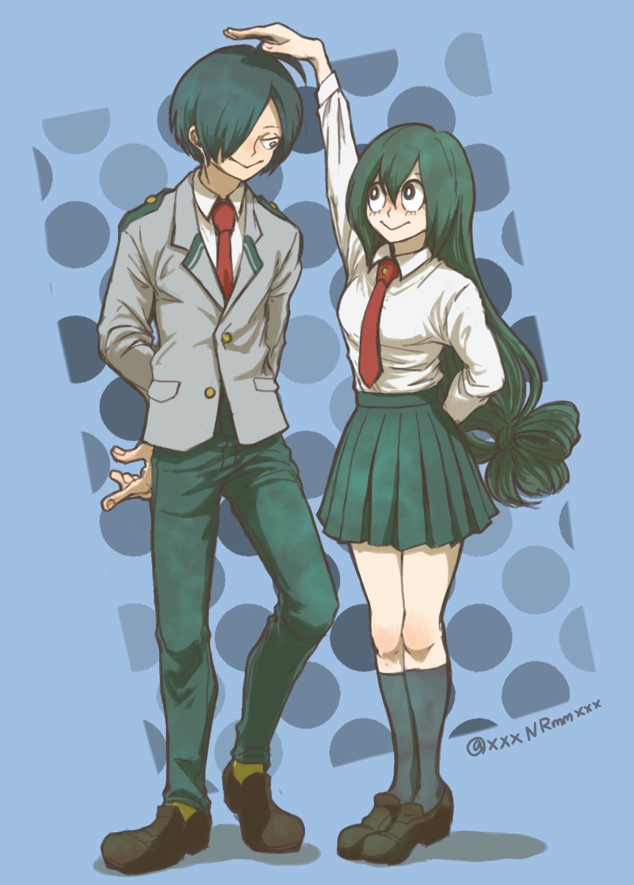1boy, 1girl, arms_behind_back, asui_tsuyu, blue_background, blue_hair, boku_no_hero_academia, collared_shirt