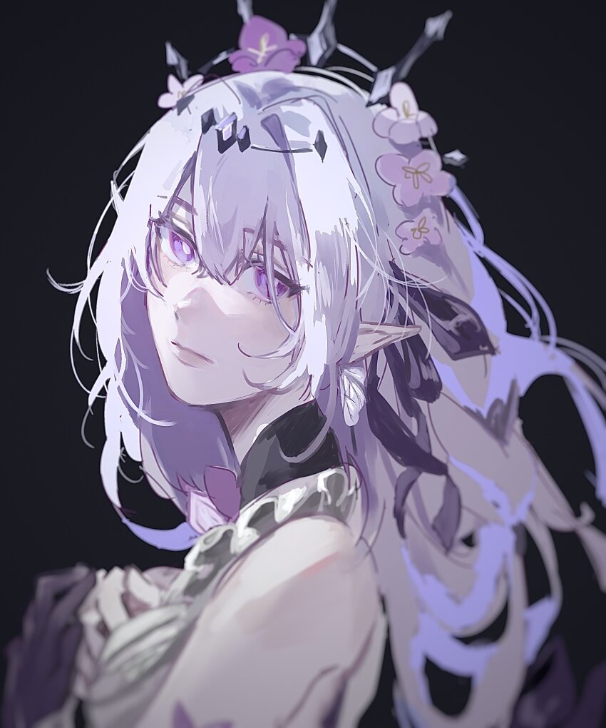 1girl, absurdres, bare_shoulders, black_background, bright_pupils, butterfly_earrings, castorice_(honkai:_star_rail), commentary