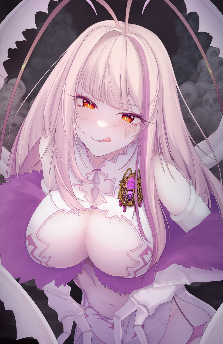 1girl, :q, absurdres, antenna_hair, arthropod_girl, arthropod_limbs, breasts, center_opening