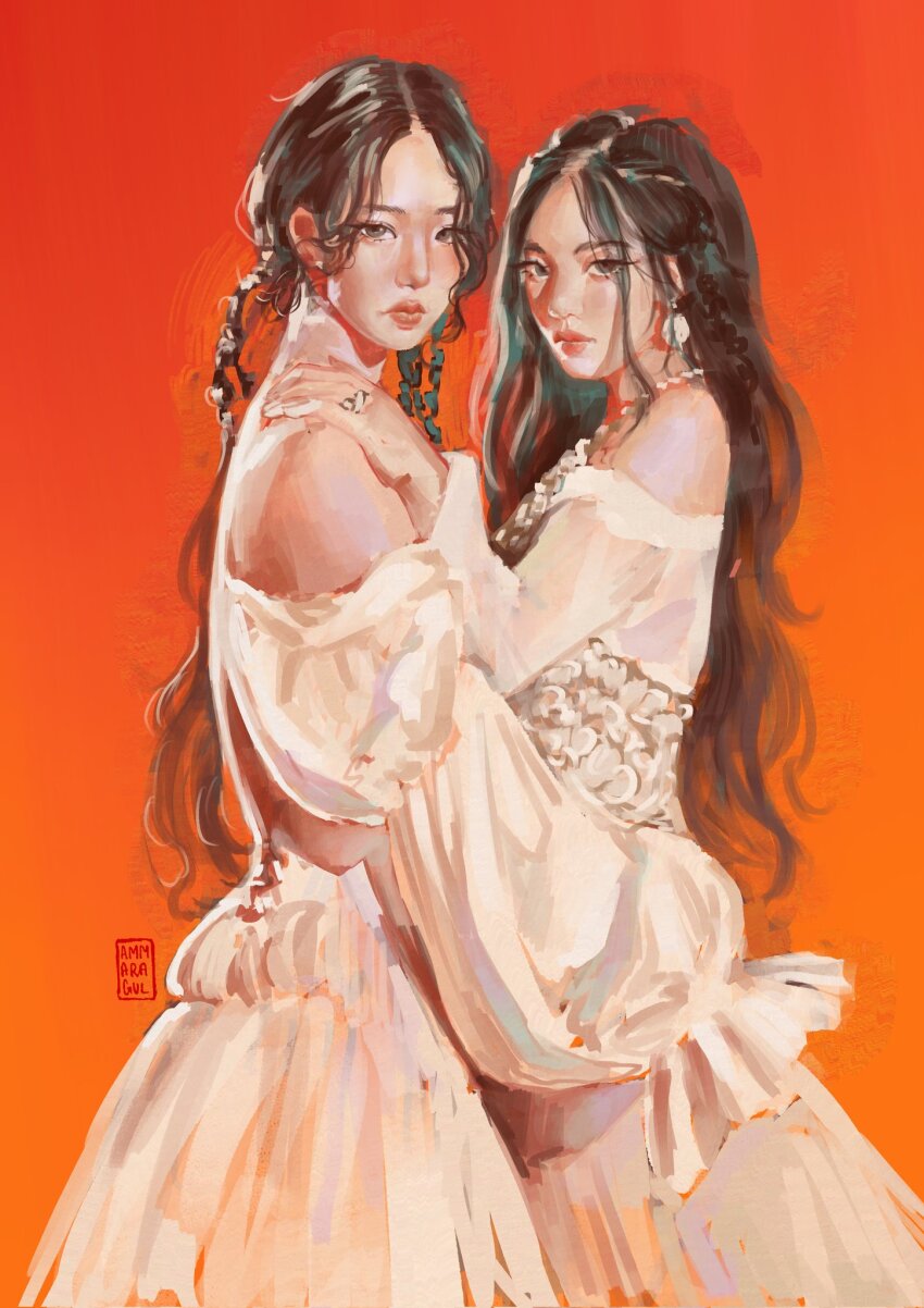 2girls, black_eyeliner, braid, brown_hair, closed_mouth, commentary, dress, earrings