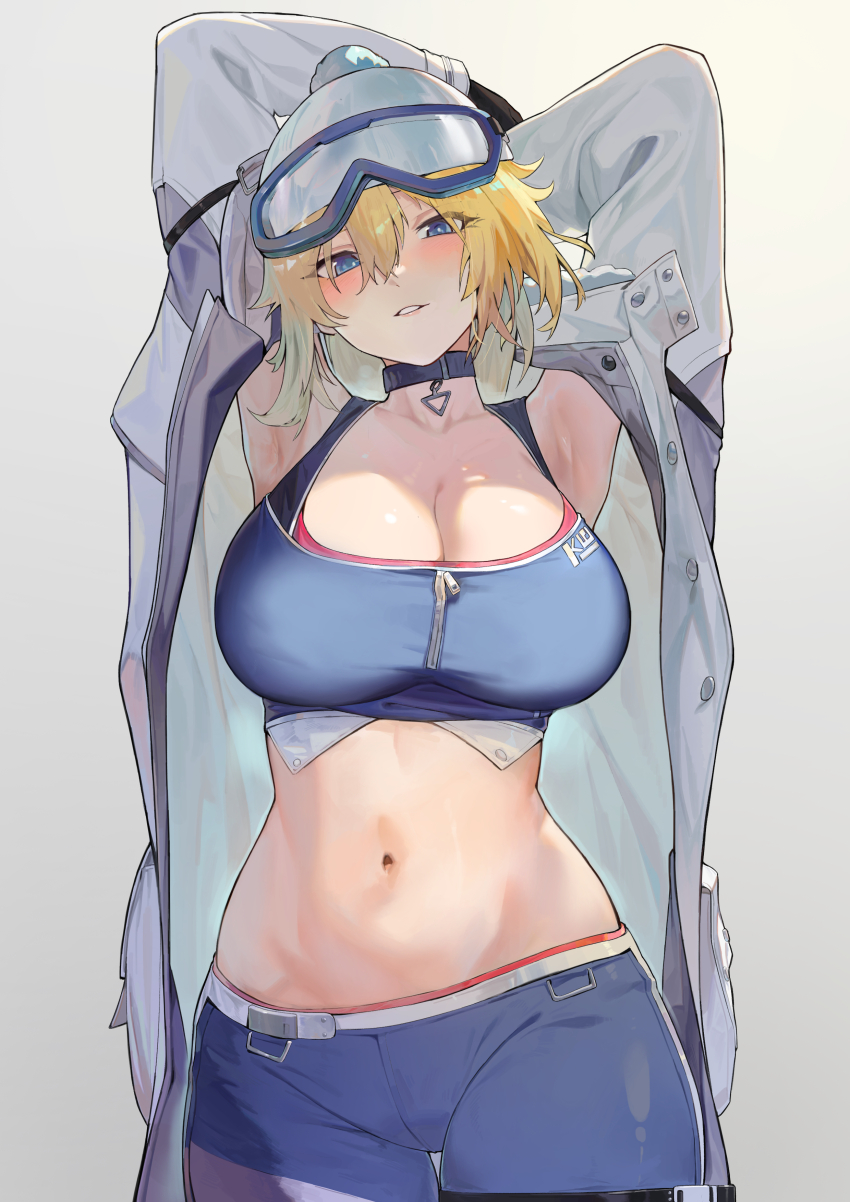 1girl, absurdres, armpits, arms_up, beanie, black_choker, blonde_hair, blue_hair