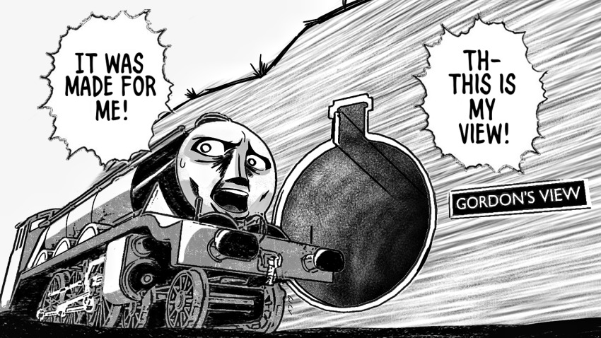 1boy, commentary, english_commentary, english_text, gordon_the_big_engine, greyscale, hole_in_wall, locomotive