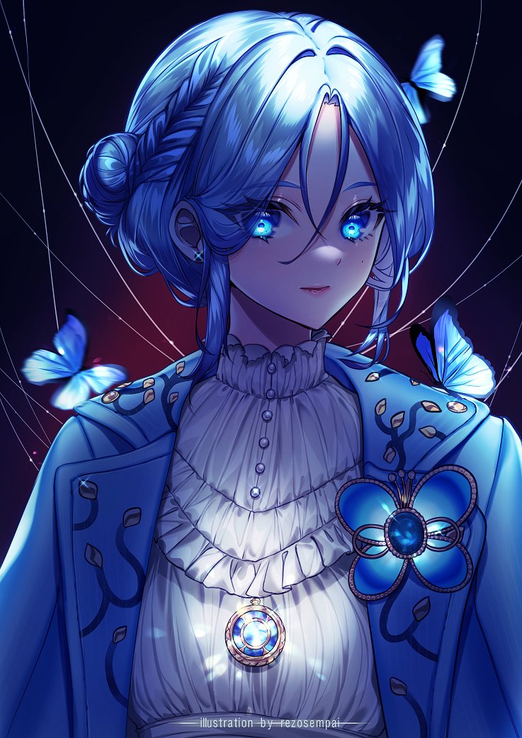 1girl, artist_name, blue_butterfly, blue_eyes, blue_hair, blue_jacket, braid, brooch