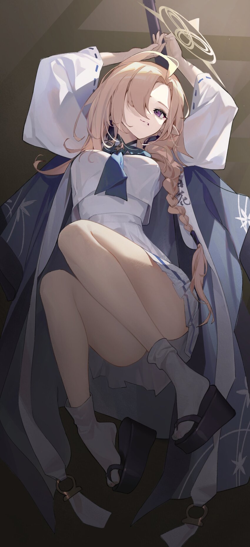 1girl, absurdres, ahoge, akirayang23, ayame_(blue_archive), blonde_hair, blue_archive, blue_haori, braid, closed_mouth, hair_over_one_eye, haori, high-waist_skirt, highres, japanese_clothes, long_hair, looking_at_viewer, lying, on_back, platform_sandals, purple_eyes, sandals, shirt, sidelocks, single_braid, skirt, smile, socks, solo, white_shirt, white_skirt, white_socks