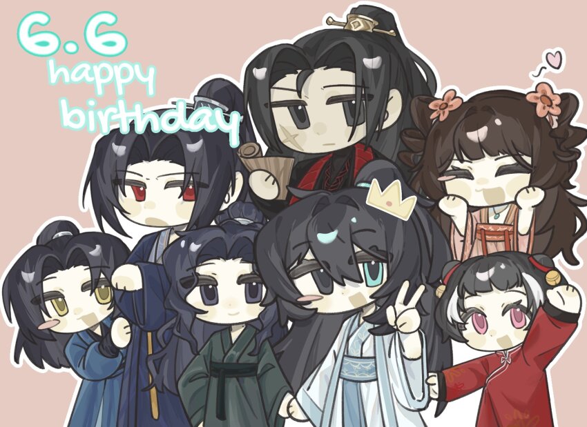 arm_up, arms_up, black_eyes, black_hair, black_hanfu, blue_hanfu, blunt_bangs, blush