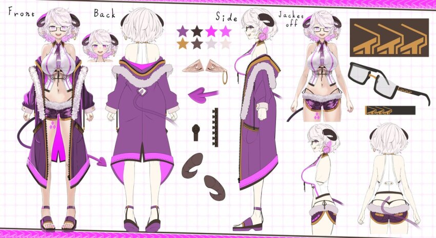 1girl, at2., cloudhorizon_studios, color_guide, colored_inner_hair, curled_horns, earrings, fur-trimmed_jacket