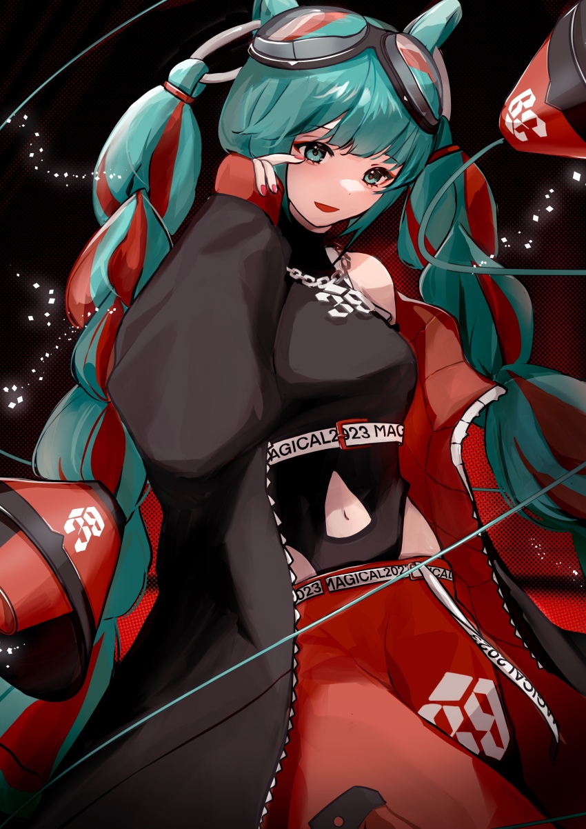 1girl, 2023, absurdres, aqua_eyes, aqua_hair, baggy_pants, bare_shoulders, black_background, black_coat, black_leotard, blunt_bangs, cable, chain, chain_necklace, clothing_cutout, coat, commentary_request, cowboy_shot, goggles, goggles_on_head, gradient_background, gushi_(pixiv_110264723), hair_extensions, hair_horns, halftone, halftone_background, happy, hatsune_miku, highres, jewelry, leotard, light_particles, long_hair, long_sleeves, magical_mirai_miku, magical_mirai_miku_(2023), multi-tied_hair, multicolored_hair, nail_polish, navel, necklace, open_clothes, open_coat, open_mouth, pants, puffy_long_sleeves, puffy_sleeves, red_background, red_coat, red_hair, red_nails, red_pants, rubbing_eyes, sleeves_past_wrists, smile, solo, stomach_cutout, streaked_hair, twintails, two-sided_coat, two-sided_fabric, very_long_hair, vocaloid, zipper