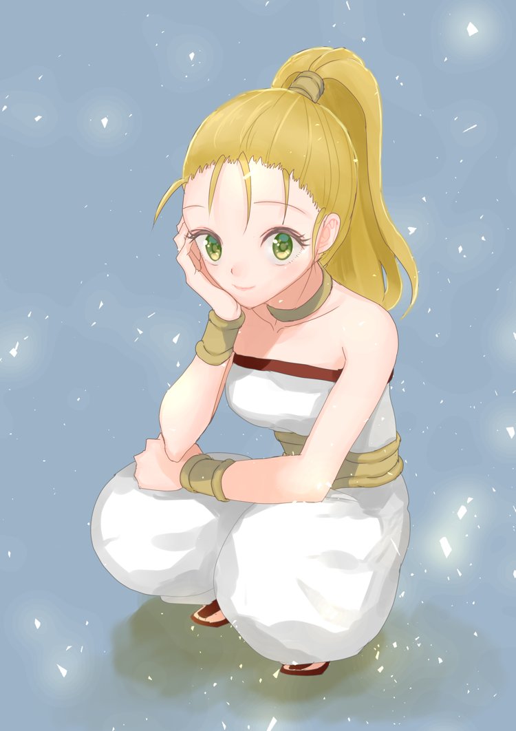 1girl, akitaka_(s_asai), bare_shoulders, blonde_hair, chrono_trigger, closed_mouth, full_body, green_eyes