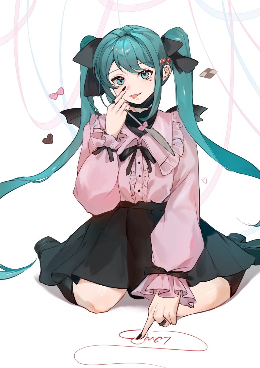 1girl, absurdres, aqua_eyes, aqua_hair, bat_wings, black_boots, black_bow, black_bowtie, black_nails, black_shirt, black_wings, boots, bow, bowtie, buttons, center_frills, collared_shirt, drawing_(action), earrings, eyelashes, fake_wings, fangs, finger_to_own_nose, frilled_shirt_collar, frilled_sleeves, frills, full_body, gushi_(pixiv_110264723), hair_bow, hair_ornament, happy, hatsune_miku, heart, heart_hair_ornament, high_heel_boots, high_heels, highres, holding, holding_knife, jewelry, knee_boots, kneeling, knees, knife, layered_shirt, long_hair, long_sleeves, mini_wings, mole, mole_under_eye, nail_polish, open_mouth, piercing, pink_bow, pink_bowtie, pink_shirt, puffy_long_sleeves, puffy_sleeves, ring, shirt, sitting, sleeve_bow, sleeves_past_wrists, smile, solo, streamers, stud_earrings, swept_bangs, tongue, tongue_piercing, turtleneck, turtleneck_shirt, twintails, very_long_hair, vocaloid, wariza, white_background, wings