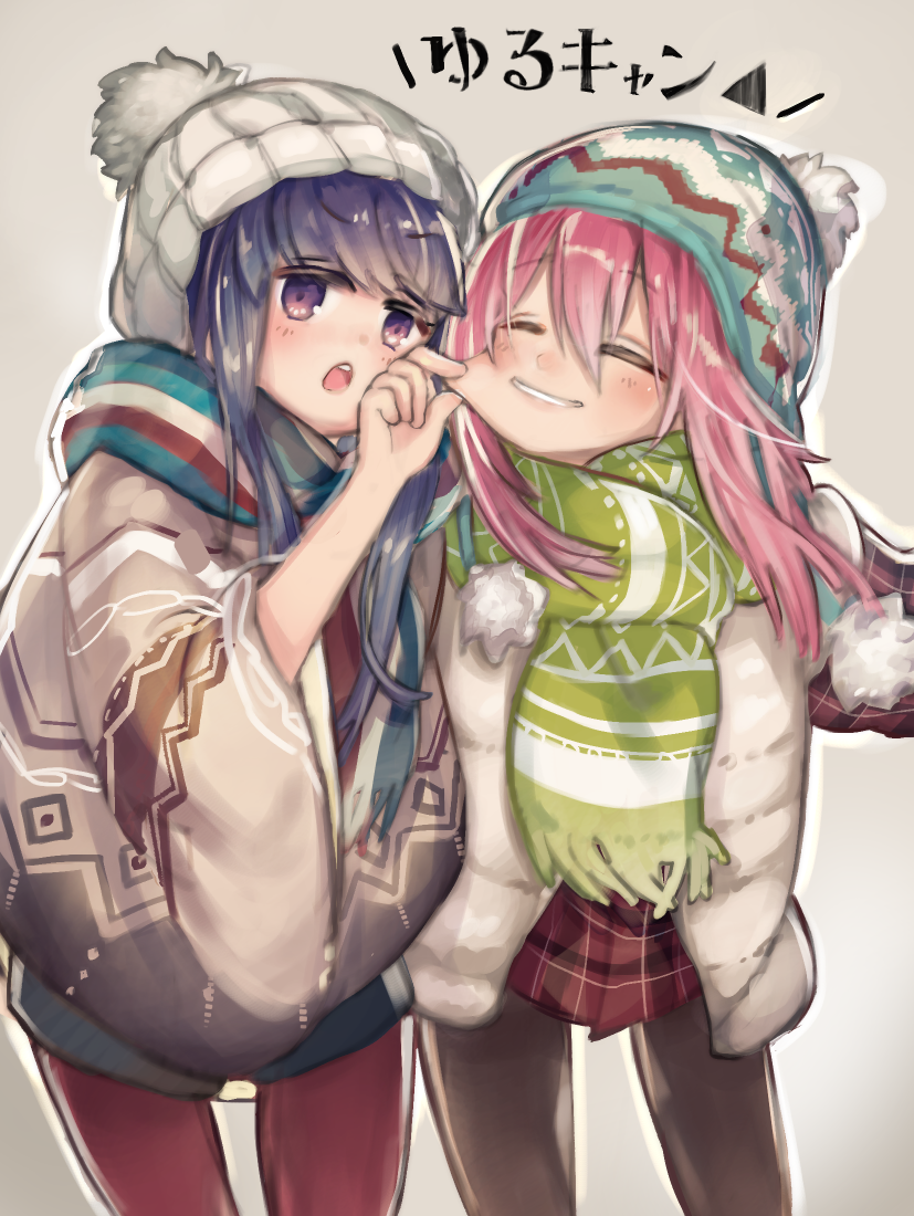 2girls, =_=, beanie, blue_hair, blue_hat, blue_scarf, blue_shorts, brown_pantyhose, cheek_pinching, closed_eyes, cropped_legs, down_vest, green_scarf, grey_background, hair_between_eyes, hat, horizontal-striped_scarf, jihisintyou, kagamihara_nadeshiko, long_hair, looking_at_viewer, multicolored_scarf, multiple_girls, open_clothes, open_mouth, open_vest, pantyhose, pinching, pink_hair, plaid_clothes, plaid_shirt, plaid_skirt, pleated_skirt, pom_pom_(clothes), pom_pom_beanie, purple_eyes, red_pantyhose, red_skirt, scarf, shima_rin, shirt, shorts, simple_background, skirt, smile, striped_clothes, striped_scarf, vest, white_hat, white_scarf, white_vest, yurucamp