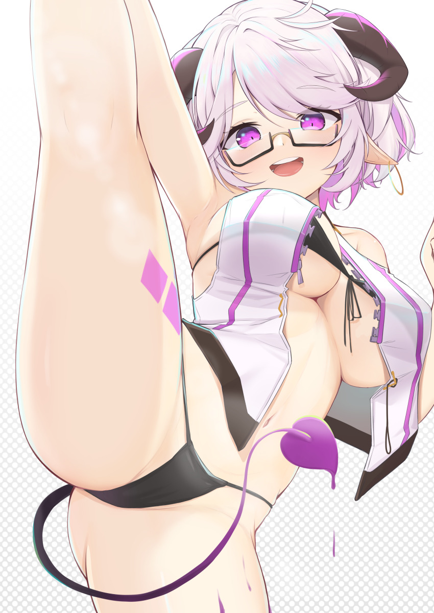 1girl, absurdres, black_panties, breasts, cleavage, cloudhorizon_studios, colored_inner_hair, curled_horns