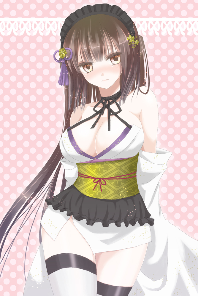 1girl, arms_behind_back, bare_shoulders, blush, breasts, brown_hair, choker, cleavage