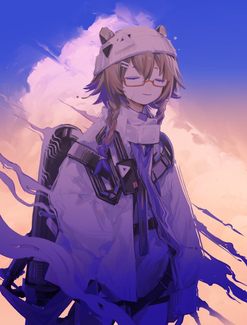 1girl, animal_ears, arknights, arms_at_sides, bandaid, bandaid_on_face, blue_sky, braid, brown_hair, bucket_hat, closed_eyes, cloud, coat, commentary_request, contrail_(arknights), cowboy_shot, ears_through_headwear, gradient_hair, gradient_sky, grey_shirt, hat, highres, jetpack, multicolored_hair, orange_sky, purple_hair, red-framed_eyewear, semi-rimless_eyewear, shirt, shuuyakikou, sky, smile, solo, twin_braids, white_coat, white_hat
