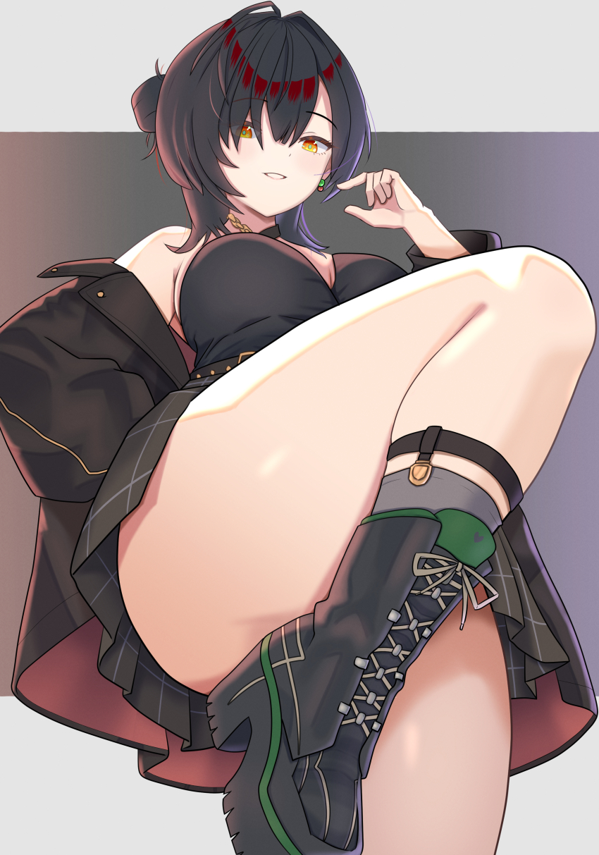 1girl, absurdres, bare_shoulders, black_boots, black_hair, black_jacket, black_shirt, black_skirt, boots, breasts, bystander_hwayoung_(epic_seven), commentary_request, convenient_leg, epic_seven, from_below, grin, hair_bun, hand_up, highres, hwayoung_(epic_seven), jacket, konnzyou, leg_up, looking_at_viewer, looking_down, medium_breasts, medium_hair, miniskirt, off_shoulder, pleated_skirt, shirt, skirt, sleeveless, sleeveless_shirt, smile, solo, standing, standing_on_one_leg, thick_thighs, thighs, yellow_eyes