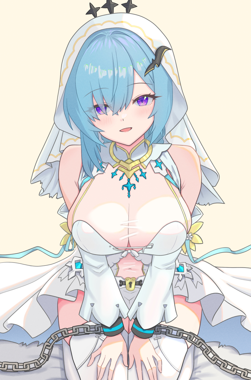1girl, absurdres, aqua_hair, bare_shoulders, bound, bound_wrists, breasts, bridal_veil, chain, cleavage, commentary_request, covered_navel, detached_sleeves, dress, epic_seven, highres, kneeling, konnzyou, large_breasts, long_hair, looking_at_viewer, open_mouth, purple_eyes, see-through_cleavage, see-through_clothes, see-through_dress, senya_(epic_seven), skindentation, smile, solo, thighhighs, veil, white_dress, white_thighhighs, yellow_background