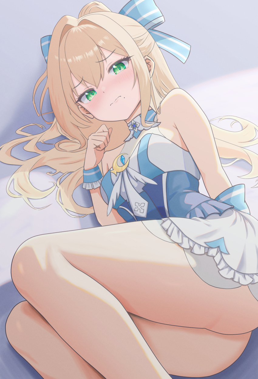 1girl, absurdres, ass, bare_legs, bare_shoulders, blonde_hair, blue_dress, bow