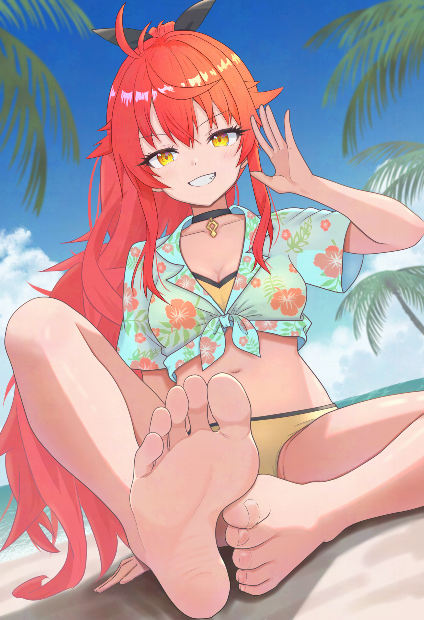 1girl, absurdres, adversarial_noise, antenna_hair, bare_legs, barefoot, beach, bikini, black_choker, breasts, cermia_(epic_seven), cermia_(swimsuit_cermia)_(epic_seven), choker, cleavage, commentary_request, day, epic_seven, feet, floral_print, floral_print_shirt, front-tie_bikini_top, front-tie_top, grin, hair_ribbon, hand_up, highres, konnzyou, long_hair, looking_at_viewer, navel, official_alternate_costume, orange_eyes, orange_hair, outdoors, ponytail, ribbon, sitting, small_breasts, smile, soles, solo, swimsuit, toes, very_long_hair, yellow_bikini