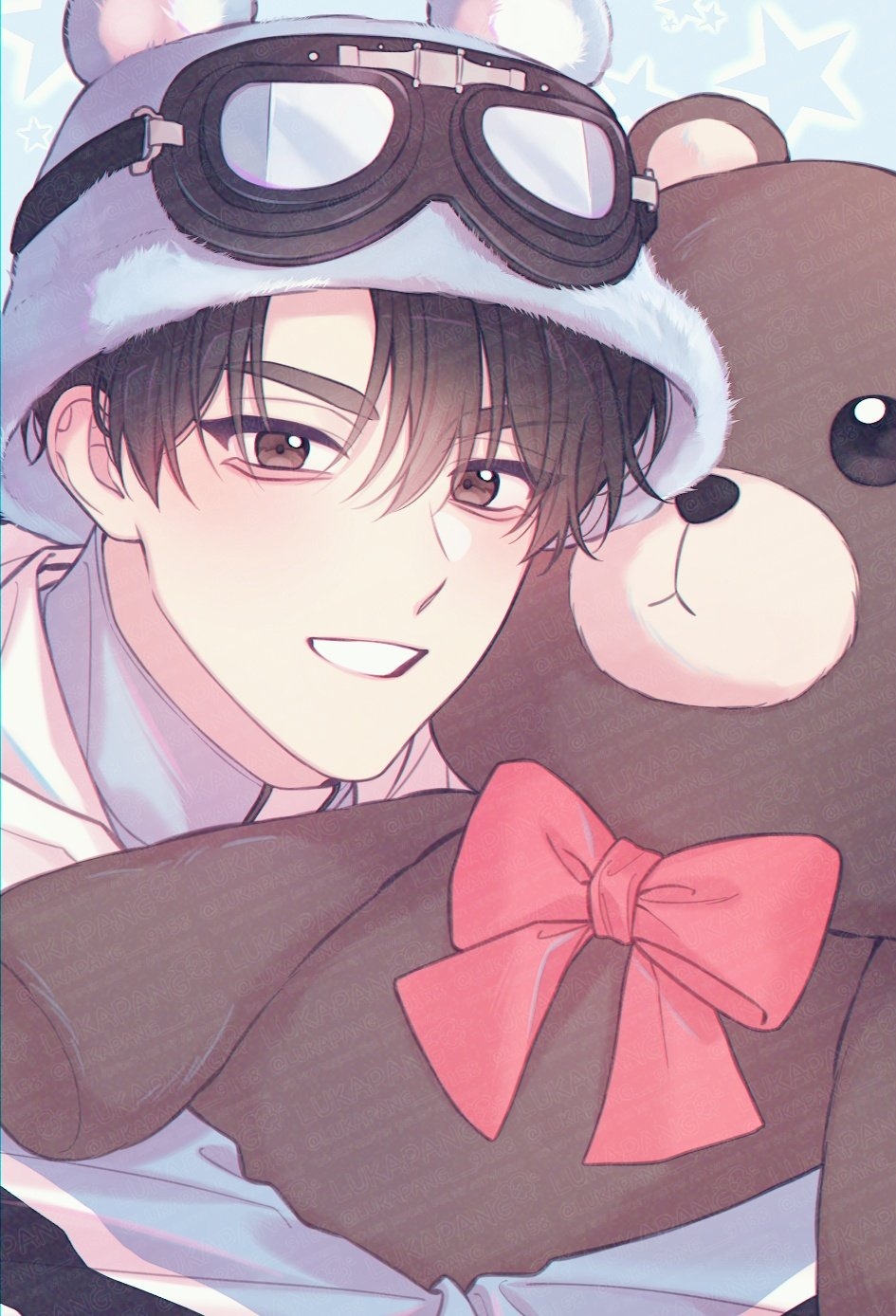 1boy, animal_hat, blue_background, blue_hat, blue_jacket, bow, brown_eyes, brown_hair