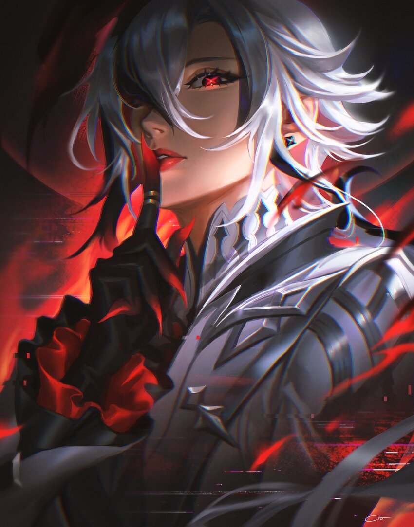 1girl, arlecchino_(genshin_impact), black_eyes, black_hair, black_hands, chromatic_aberration, coat, colored_extremities