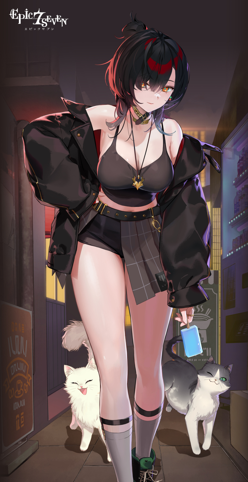 1girl, absurdres, animal, armpits, bare_shoulders, belt, black_choker, black_jacket, black_shirt, black_shorts, breasts, bystander_hwayoung_(epic_seven), camisole, cat, choker, cleavage, closed_mouth, commentary_request, crop_top, epic_seven, grey_skirt, hair_bun, hair_over_one_eye, hand_on_own_hip, highres, hwayoung_(epic_seven), jacket, jewelry, large_breasts, looking_at_viewer, medium_hair, midriff, necklace, off_shoulder, official_art, open_clothes, open_jacket, orange_eyes, pleated_skirt, shirt, short_shorts, shorts, skirt, skort, sleeveless, sleeveless_shirt, smile, socks, solo, thighs, white_socks