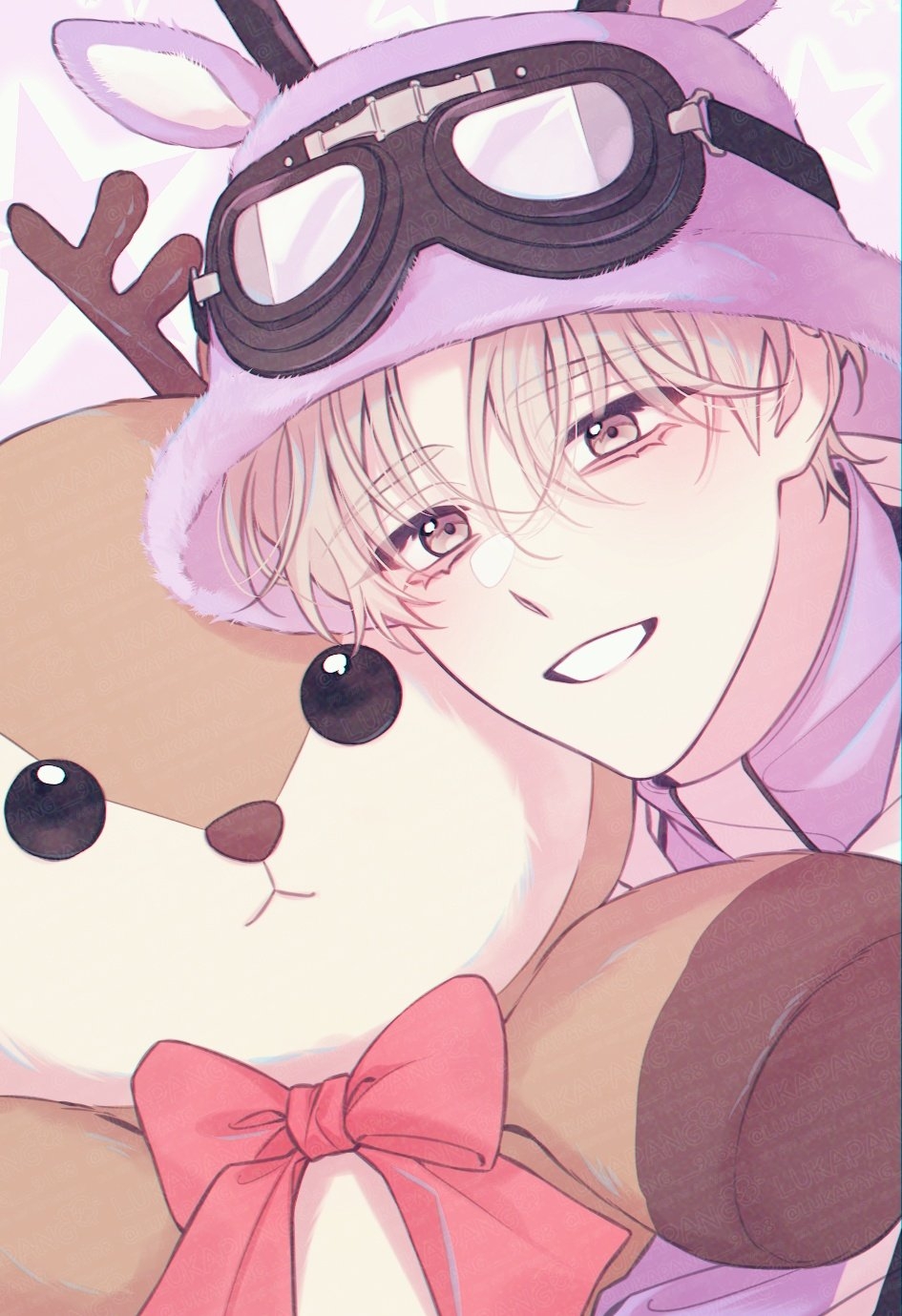 1boy, animal_hat, blonde_hair, bow, brown_eyes, bucket_hat, debwi_mos_hamyeon_jugneun_byeong_geollim, goggles