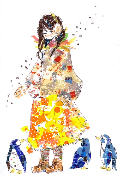 1girl, bird, blush, boots, brown_hair, brown_pants, brown_poncho, half-closed_eyes, headphones, kayaka_(yyyz4), long_hair, long_sidelocks, long_sleeves, looking_at_viewer, masking_tape_(medium), mittens, mixed_media, orange_boots, original, pants, penguin, sidelocks, sideways_glance, skirt, smile, snowflakes, solo, traditional_media, unconventional_media, white_background, winter_clothes, yellow_skirt