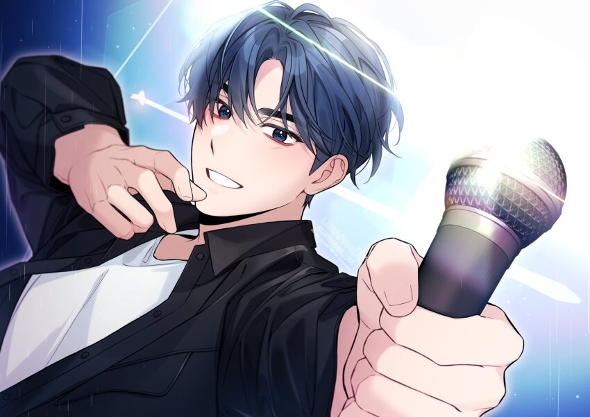 1boy, black_jacket, blue_eyes, blue_hair, debwi_mos_hamyeon_jugneun_byeong_geollim, foreshortening, hair_between_eyes, highres