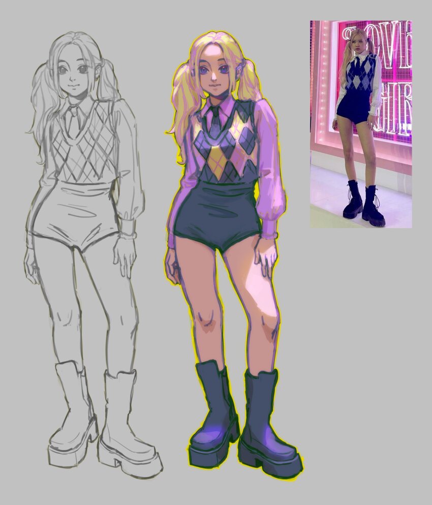 1girl, absurdres, black_boots, black_necktie, black_shorts, blackpink, blonde_hair, boonheur