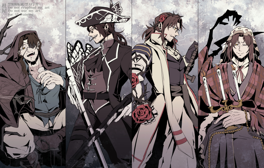 1boy, animal_print, belt, black_butterfly, black_coat, branch, brown_cloak, bug