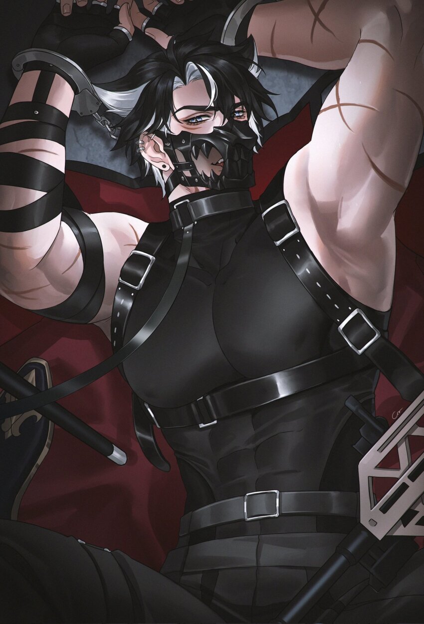 1boy, armpits, arms_up, belt, belt_buckle, black_belt, black_gloves, black_hair