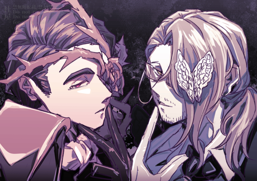 2boys, beard_stubble, black_gloves, black_hair, brown_hair, butterfly_hair_ornament, coat, collared_shirt